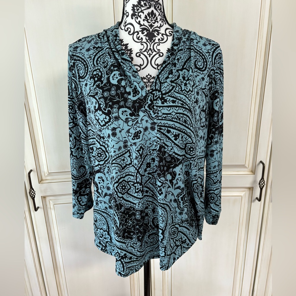 Charter Club Teal and Black Paisley V-Neck Blouse Size Petite X-Large